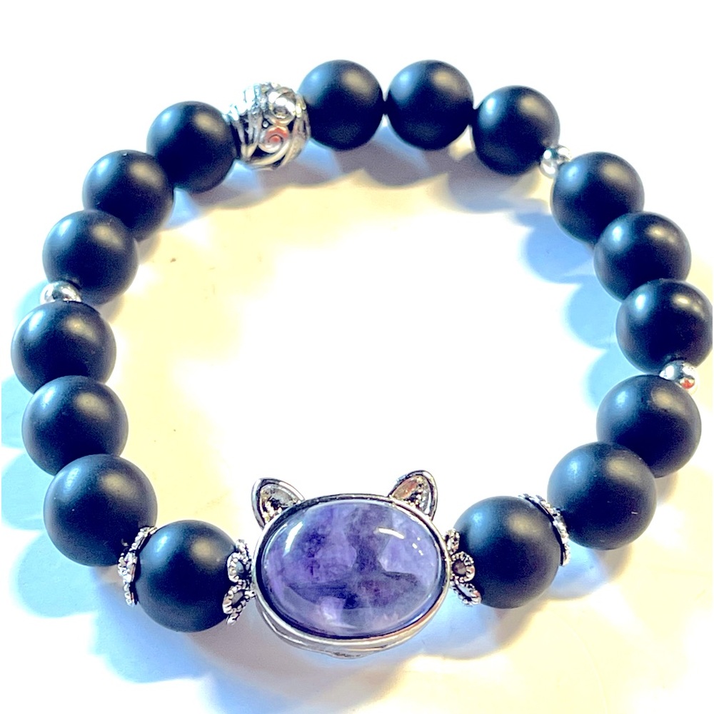 Black Obsidian Beaded Bracelet with Purple Fluorite Cat Charm Natural Crystal